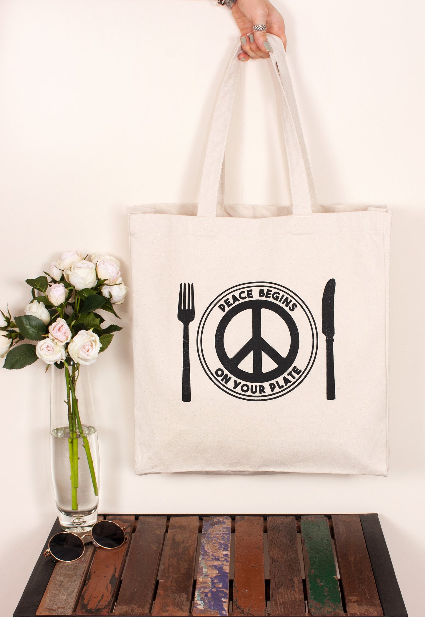 Vegan Tote Bag Peace Begins On Your Plate Egdy Veggie Peace Sign Cotton Canvas Tote Shopper Bag Screen Printed Eco Friendly Reusable Market