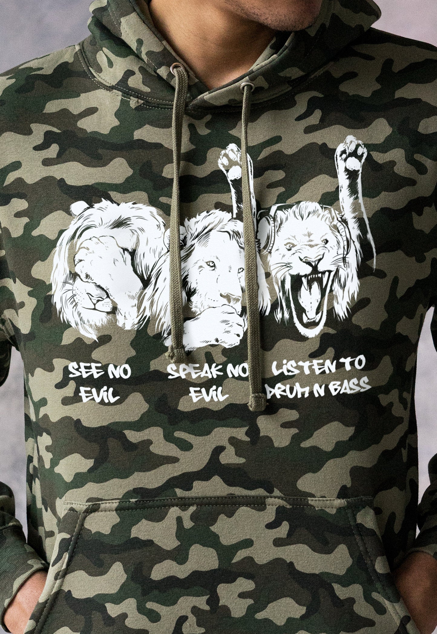 Drum and Bass Lions Camo Hoodie Junglist See Hear Speak No Evil Synth Amen Music Producer Mens Camouflage Sweatshirt Printed Hooded Top