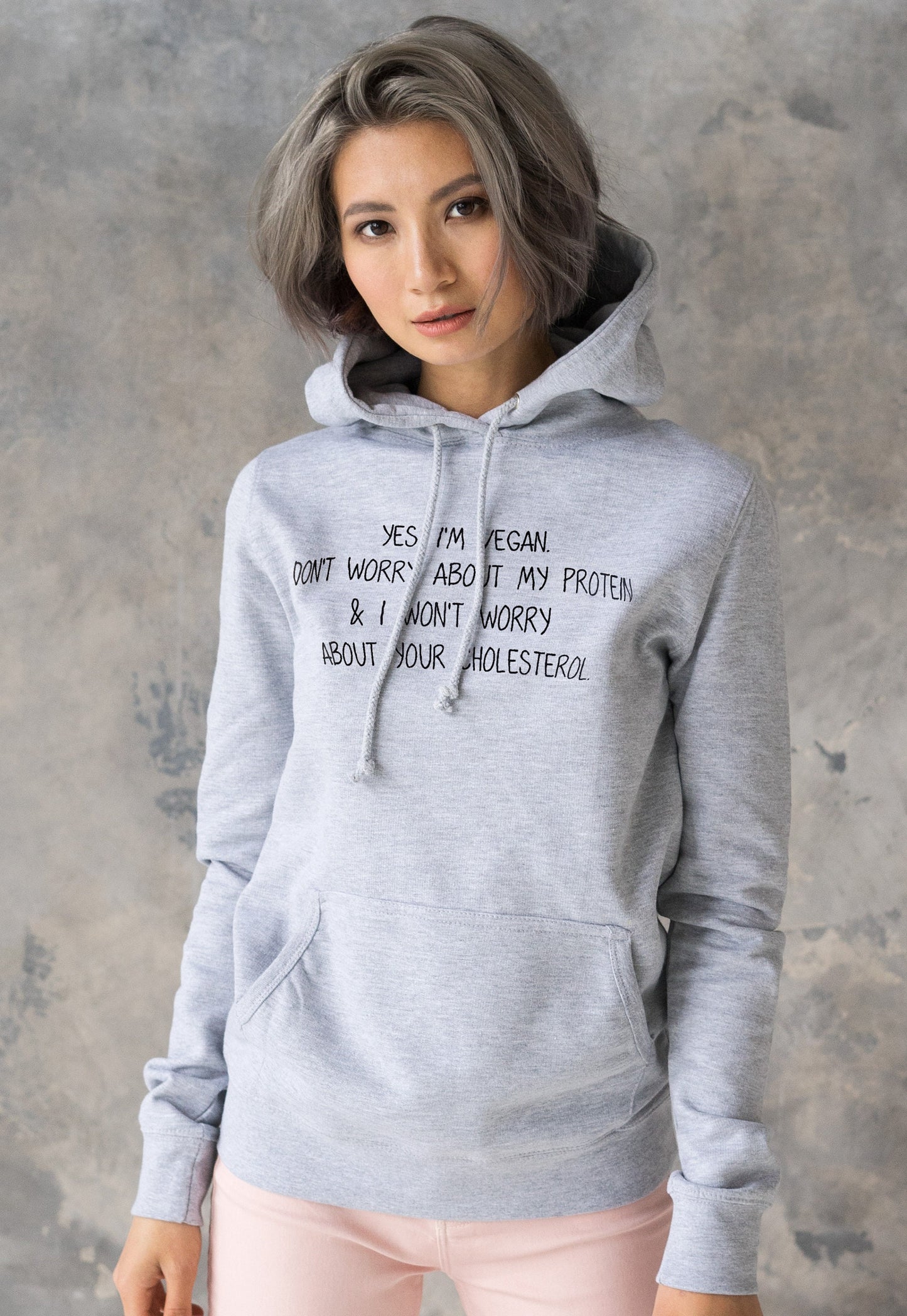 Vegan Hoodie Don't Worry About My Protein Slogan Funny Positive Herbivore Slogan Be Kind AF Womens Grey Printed Hooded Top Jumper Sweatshirt
