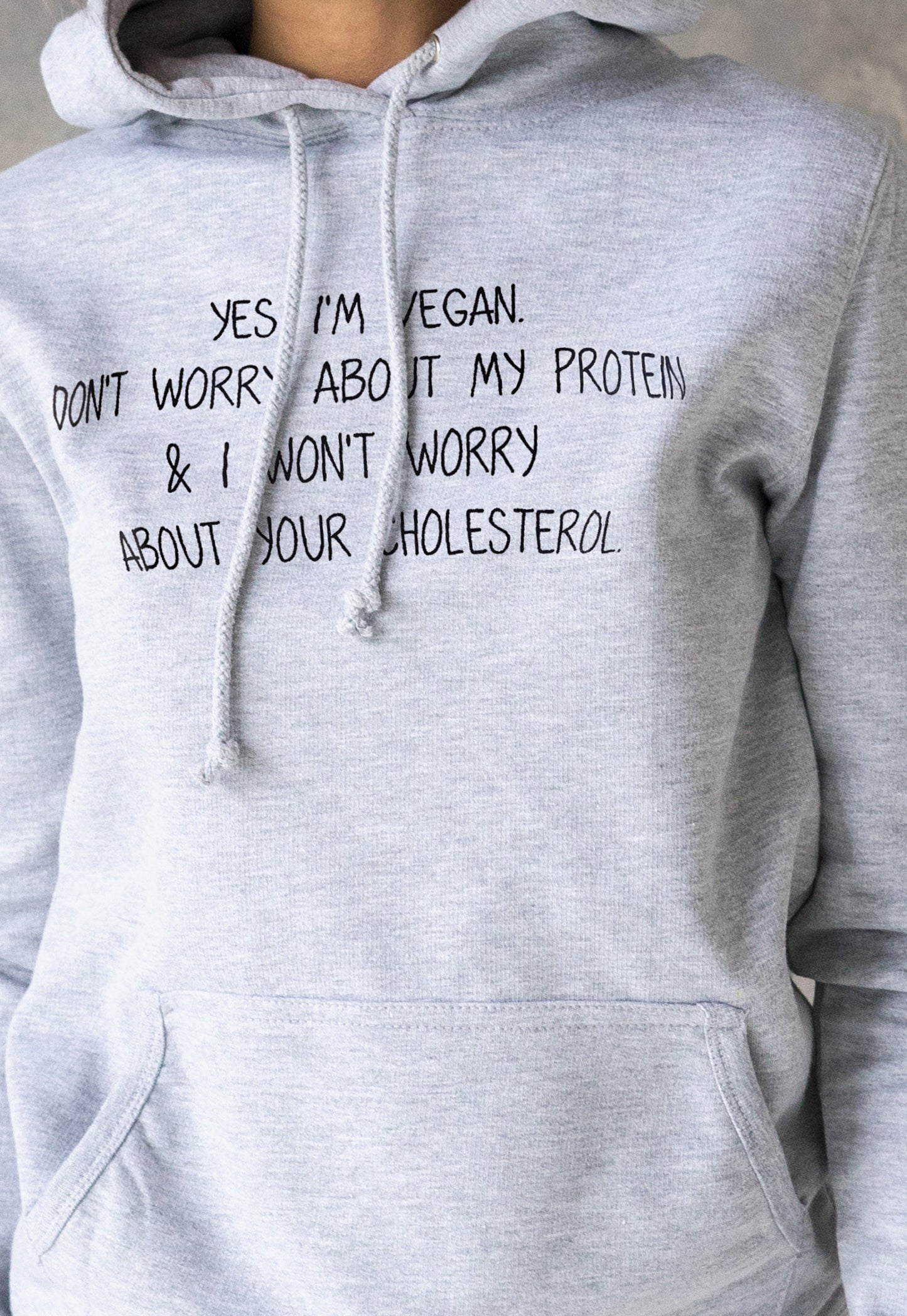 Vegan Hoodie Don't Worry About My Protein Slogan Funny Positive Herbivore Slogan Be Kind AF Womens Grey Printed Hooded Top Jumper Sweatshirt