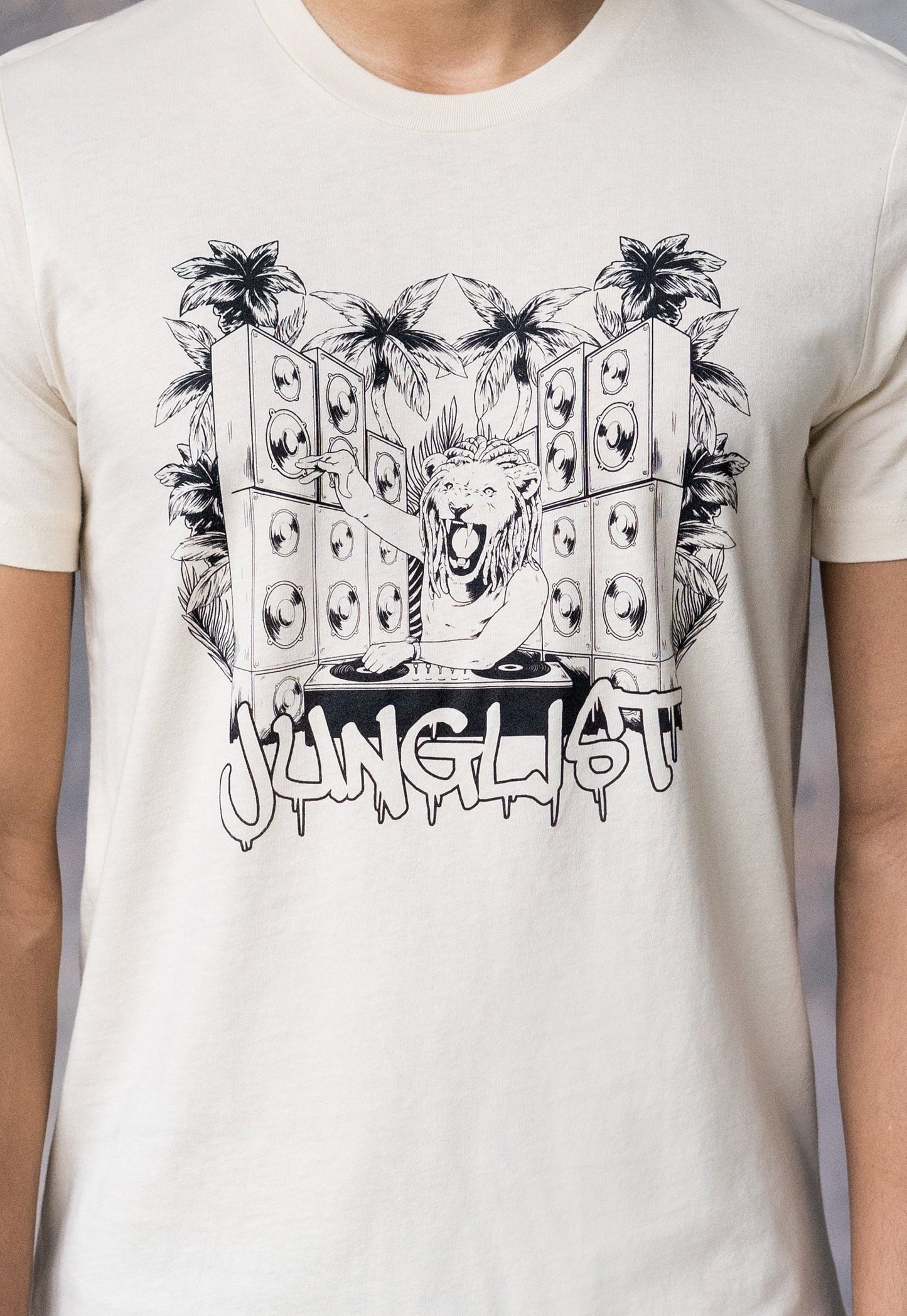 Junglist Lion DJ T Shirt Jungle Massive Drum and Bass & Synth Amen Break Breakbeat EDM UK Garage Music Producer Festival Mens Printed Tee