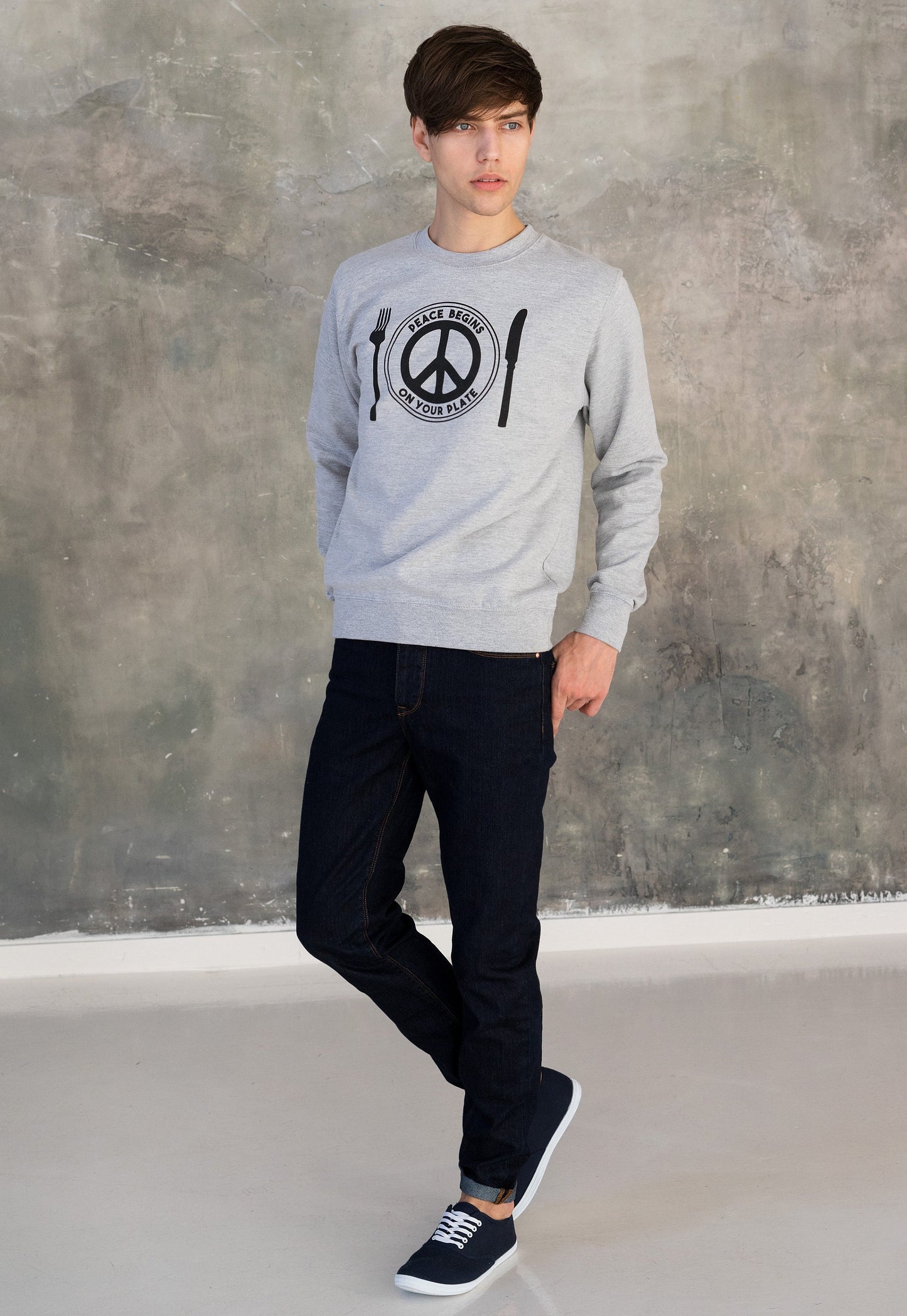 Vegan Sweatshirt - Peace Begins On Your Plate - Herbivore Animal Rights Activist Liberal Peace Sign Women's Men's Graphic Printed Top Jumper