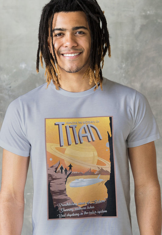Visit Titan T Shirt Retro Travel Poster Hard Science Sci Fi Geek Geeky Astronomy Mars Saturn Mission Cosmos Space Men's Unisex Printed Tee