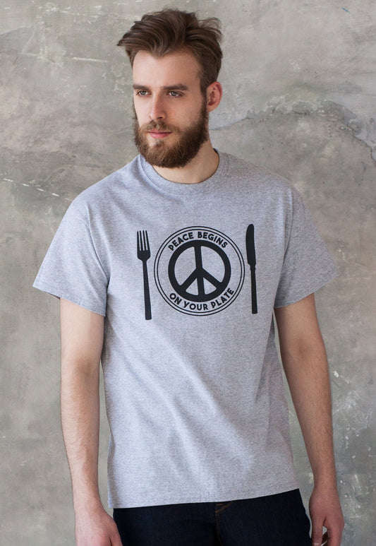 Vegan T Shirt Peace Begins On Your Plate Vegetarian Veggie Liberation Animal Rights Compassion Herbivore Peace Sign Mens Women's Printed Tee