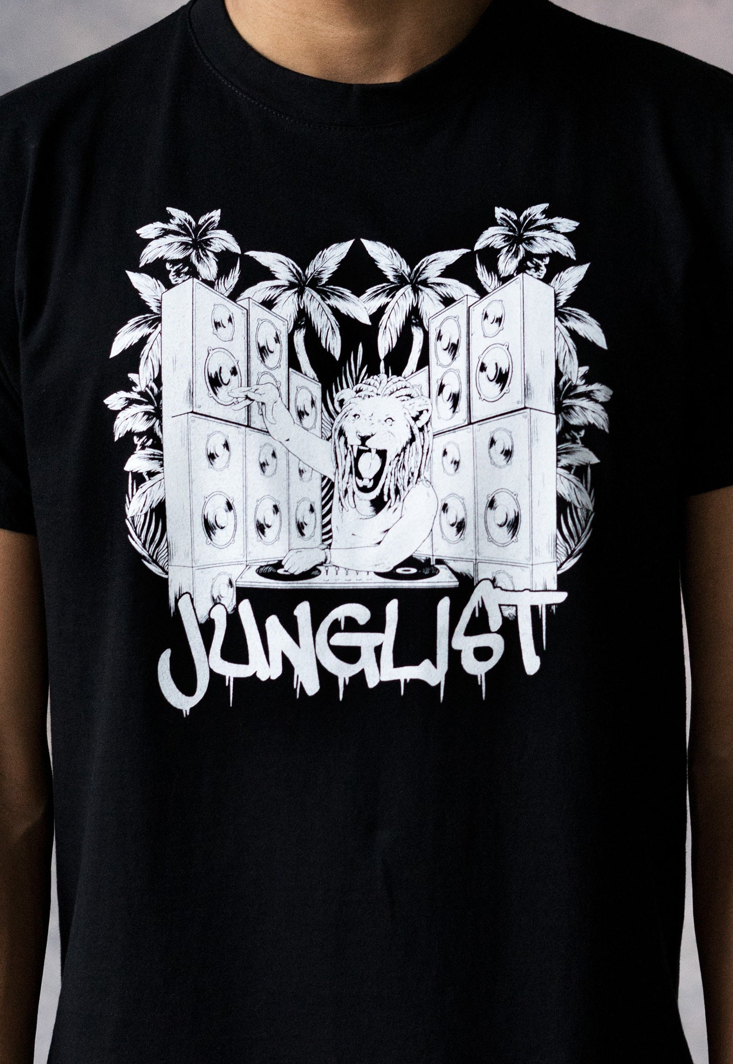 Drum and Bass Lion DJ T Shirt Jungle Massive Junglist DJ & Synth Music Amen Slogan Synth Music Producer Festival Men's Printed Black Tee