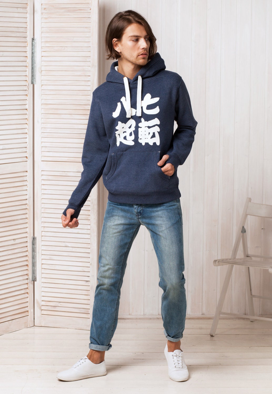 Japanese Hoodie Shichiten Hakki/ Nanakorobi Yaoki Japan Calligraphy Positive Motivational Jumper with Thumb Hole Cuffs Sweatshirt Hooded Top