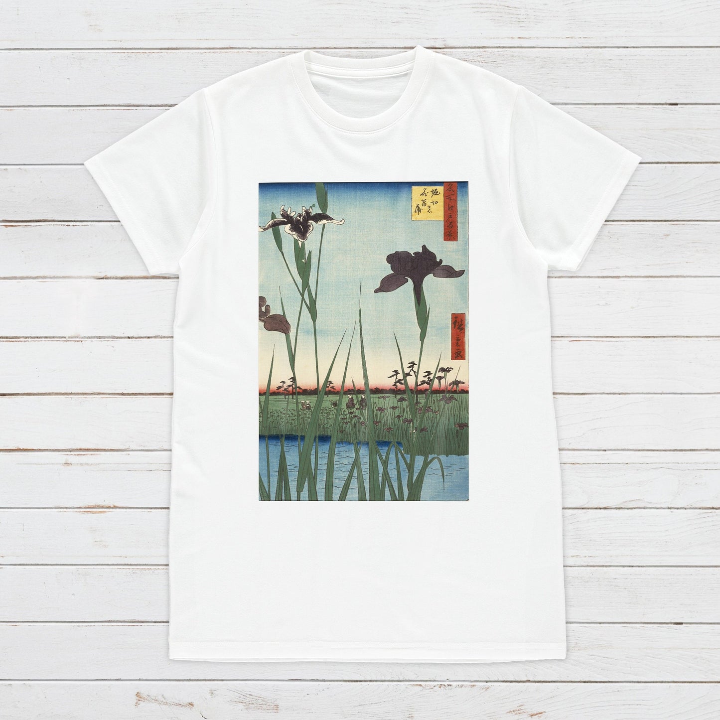 Japanese Ukiyo-e T Shirt Woodblock Art Hiroshige Iris Garden Flowers Print Japan Kanji Calligraphy Gifts Womens Mens Graphic Printed Tee Top