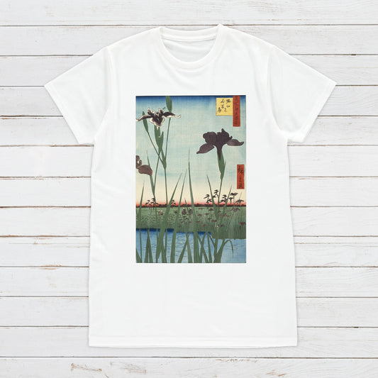 Japanese Ukiyo-e T Shirt Woodblock Art Hiroshige Iris Garden Flowers Print Japan Kanji Calligraphy Gifts Womens Mens Graphic Printed Tee Top