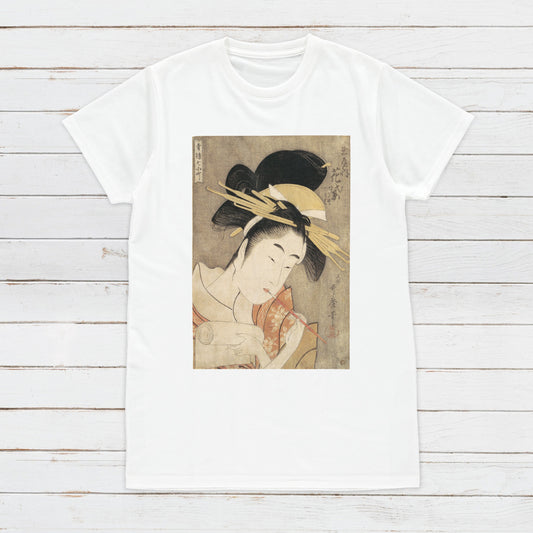 Japanese Ukiyo-e T Shirt Woodblock Art Kitagawa Utamaro Kyoto Geisha Geiko Maiko Japan Kanji Calligraphy Womens Mens Graphic Printed Tee Top