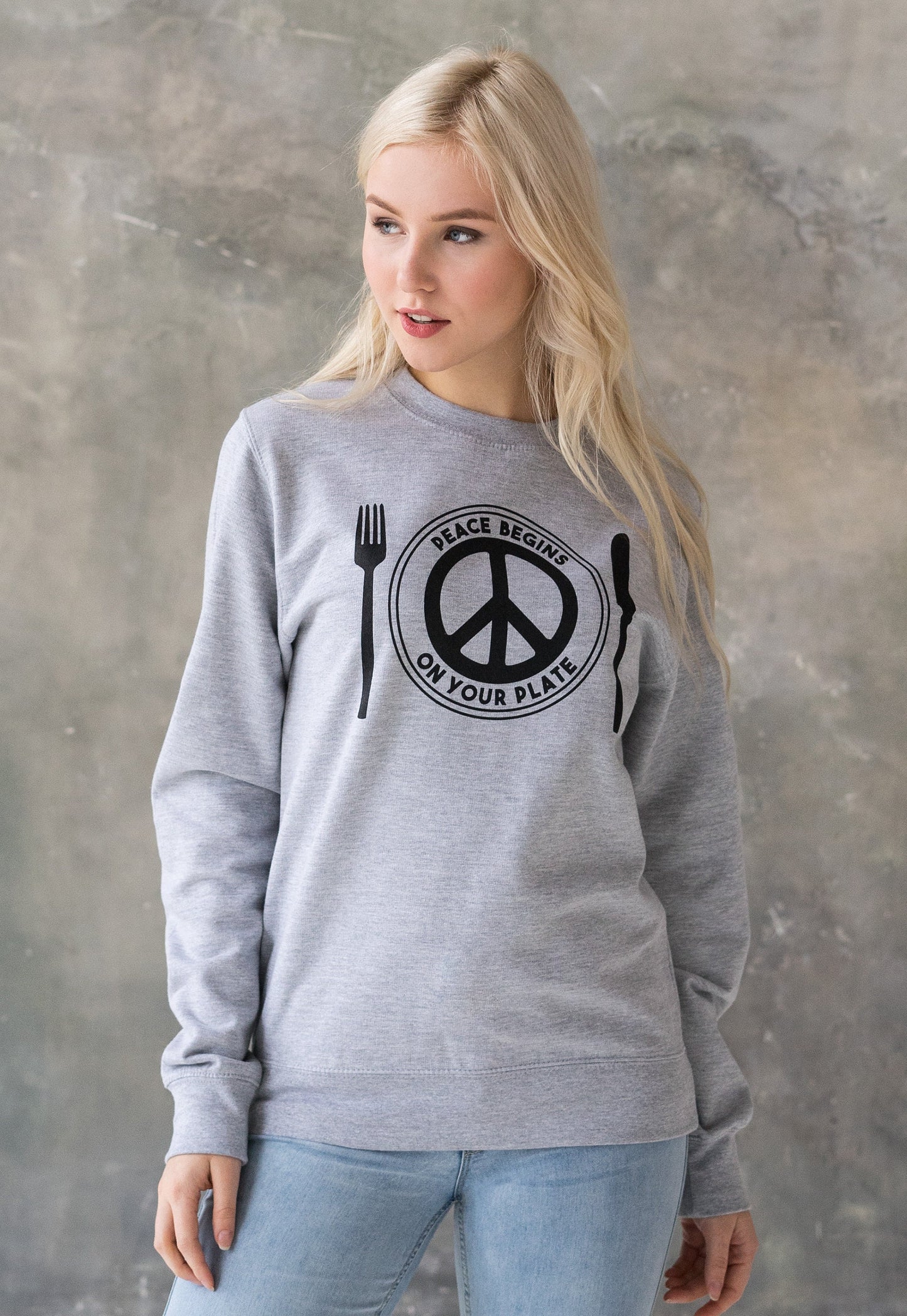 Vegan Sweatshirt - Peace Begins On Your Plate - Herbivore Animal Rights Activist Liberal Peace Sign Women's Men's Graphic Printed Top Jumper