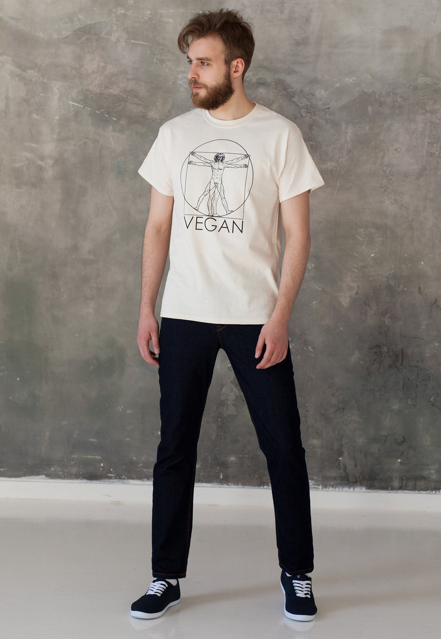 Vegan T Shirt Da Vinci Vitruvian Man Sketch Drawing Art Geometric Minimalist Veganism Veggie AF Understated Womens Mens Graphic Printed Tee