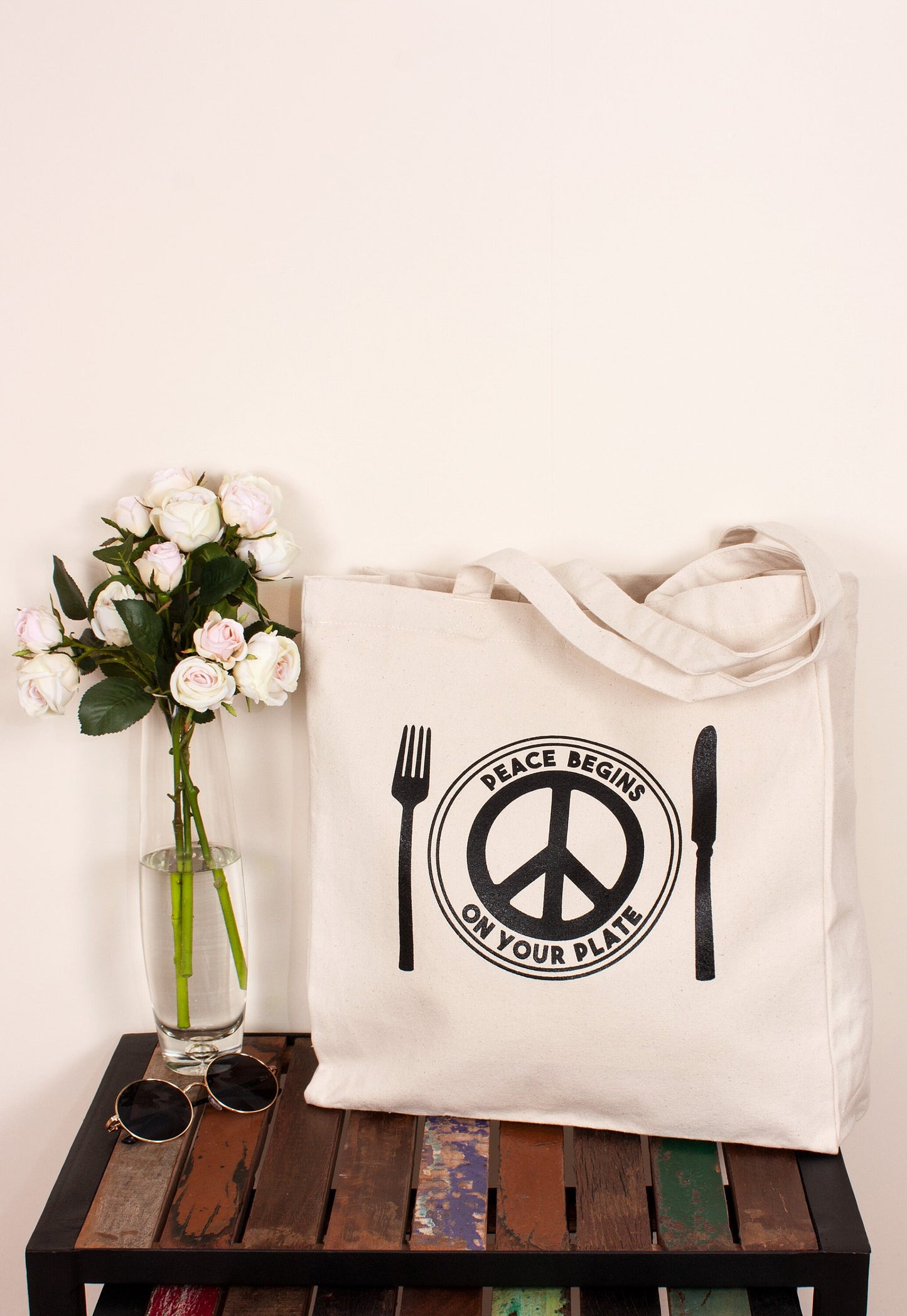 Vegan Tote Bag Peace Begins On Your Plate Egdy Veggie Peace Sign Cotton Canvas Tote Shopper Bag Screen Printed Eco Friendly Reusable Market