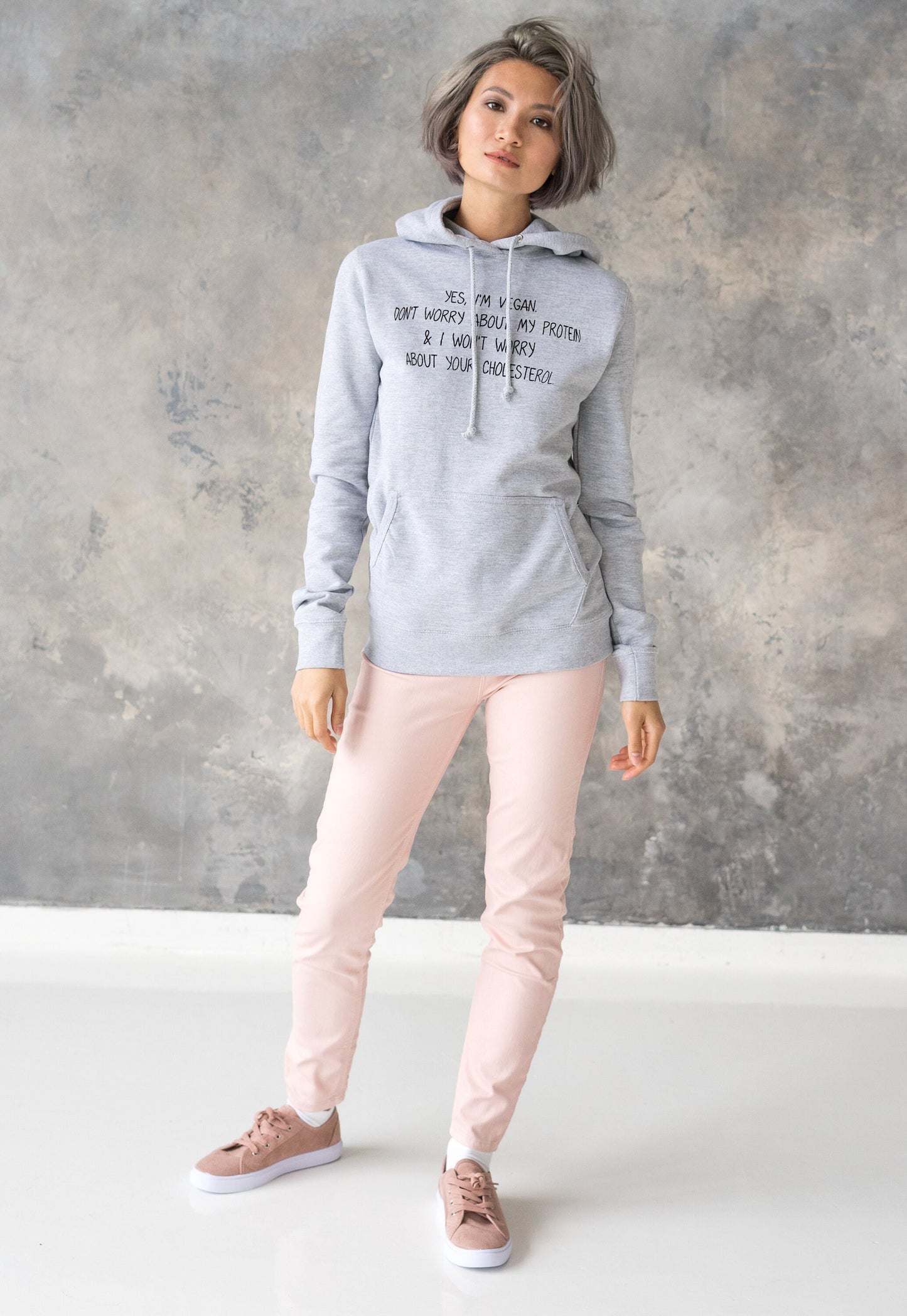 Vegan Hoodie Don't Worry About My Protein Slogan Funny Positive Herbivore Slogan Be Kind AF Womens Grey Printed Hooded Top Jumper Sweatshirt