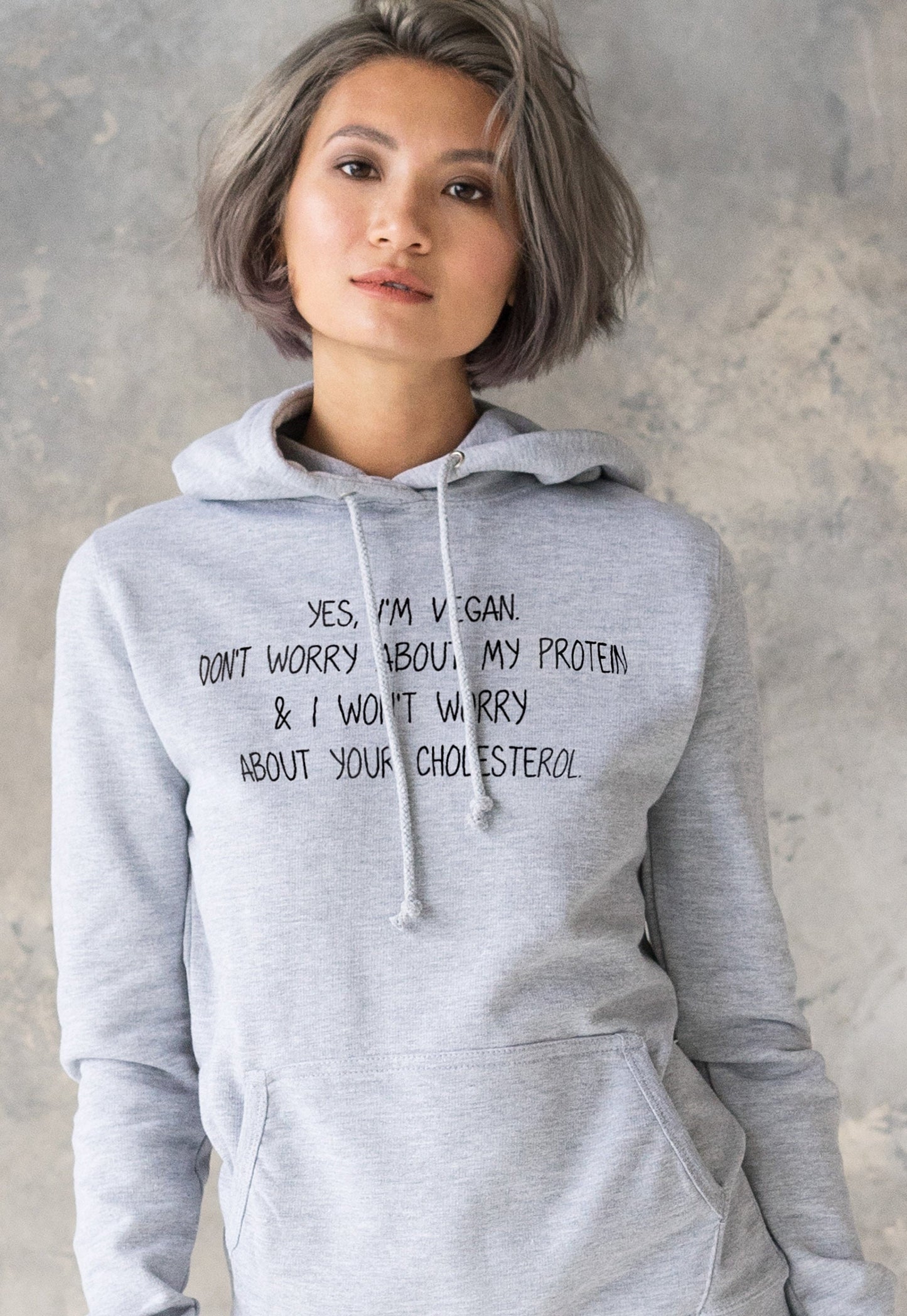 Vegan Hoodie Don't Worry About My Protein Slogan Funny Positive Herbivore Slogan Be Kind AF Womens Grey Printed Hooded Top Jumper Sweatshirt