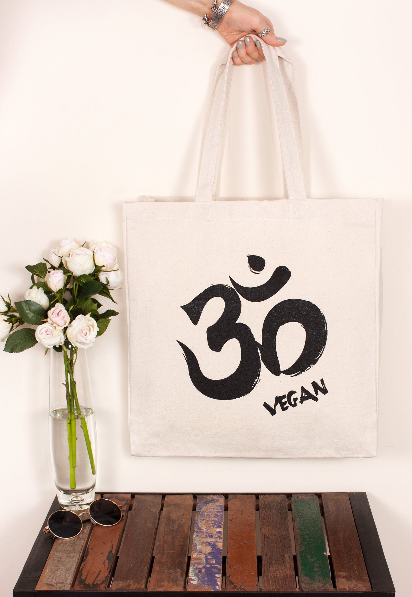 Om Vegan Tote Bag - Vegetarian Veggie Animals Ohm Aum Yoga Sanskrit Lotus Cotton Canvas Tote Shopper Bag Screen Printed Eco Friendly Market