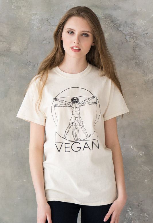 Vegan T Shirt Da Vinci Vitruvian Man Sketch Drawing Art Geometric Minimalist Veganism Veggie AF Understated Womens Mens Graphic Printed Tee