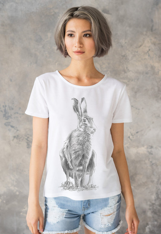 Wild Hare T Shirt Artist Pencil Sketch Drawing Animal Print Rabbit Forest Nature Cute Pretty Vegan Forest Womens Girls Graphic Printed Tee