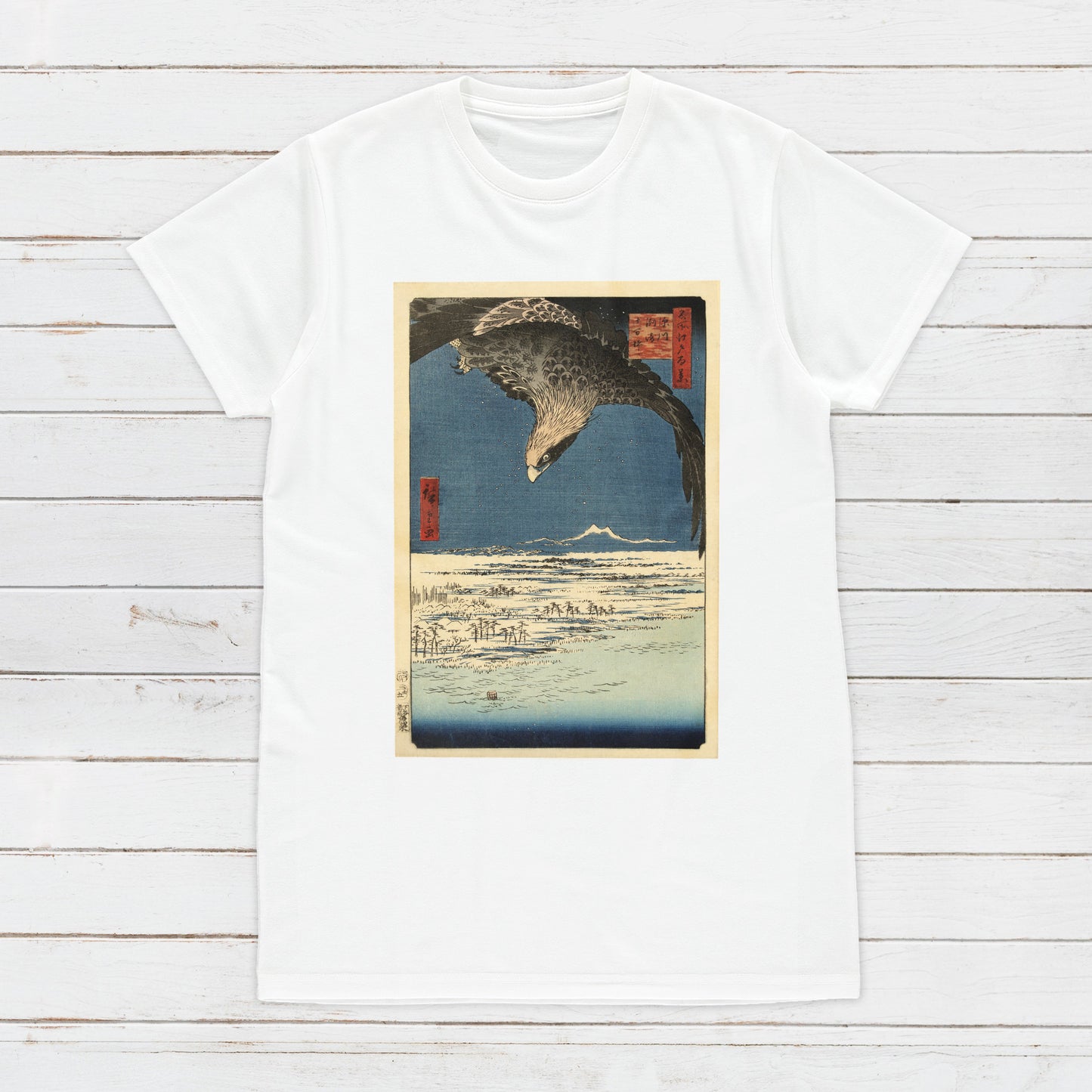 Japanese Ukiyo-e T Shirt Woodblock Art Utagawa Hiroshige Japan Hawk Falcon Traditional Kanji Calligraphy Womens Mens Graphic Printed Tee Top