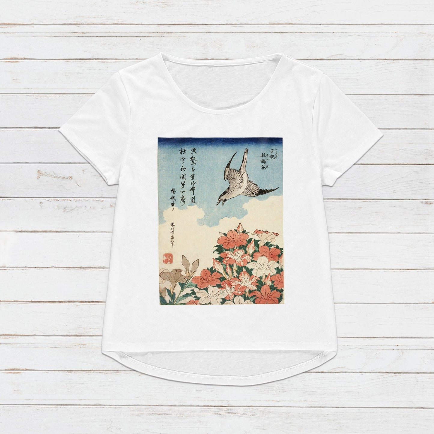 Japanese Ukiyo-e T Shirt Woodblock Art Katsushika Hokusai Flowers Bird Japan Traditional Kanji Calligraphy Womens Mens Graphic Printed Tee