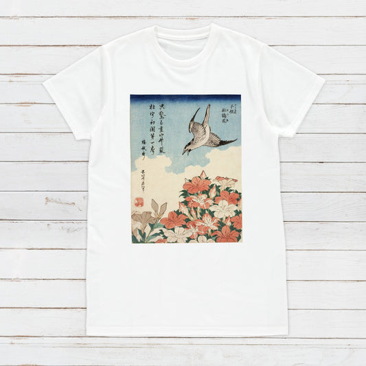 Japanese Ukiyo-e T Shirt Woodblock Art Katsushika Hokusai Flowers Bird Japan Traditional Kanji Calligraphy Womens Mens Graphic Printed Tee