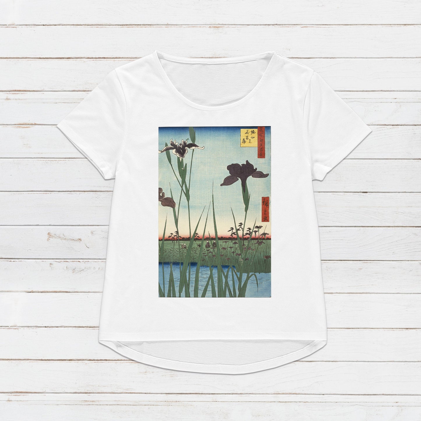 Japanese Ukiyo-e T Shirt Woodblock Art Hiroshige Iris Garden Flowers Print Japan Kanji Calligraphy Gifts Womens Mens Graphic Printed Tee Top
