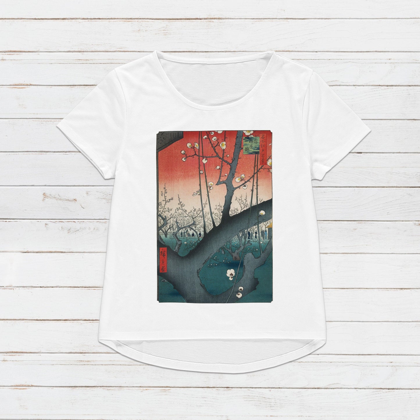 Japanese Ukiyo-e T Shirt Woodblock Art Hiroshige Plum Park in Kameido Japan Kanji Calligraphy Print Gifts Womens Mens Graphic Printed Tee
