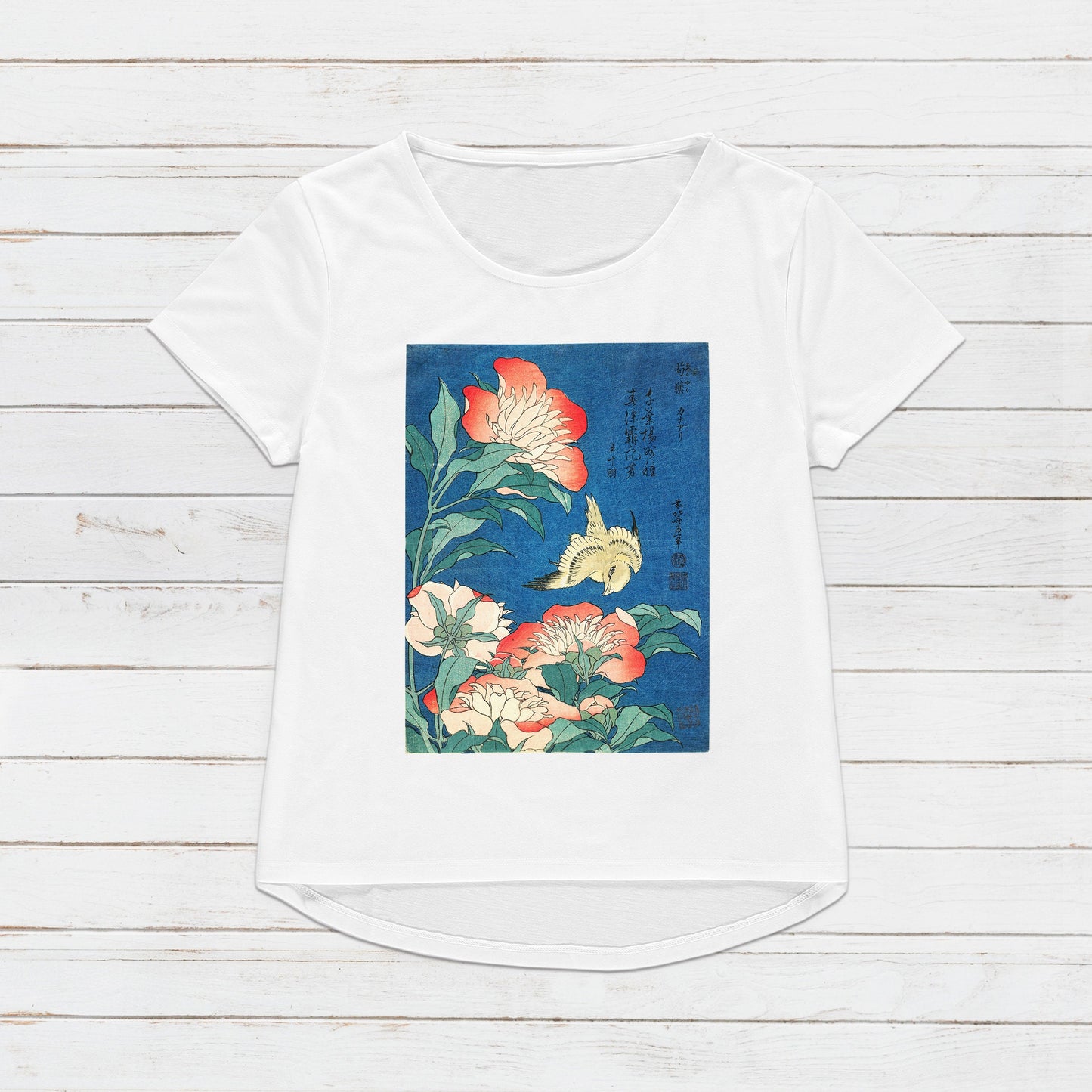Japanese Ukiyo-e T Shirt Woodblock Art Hokusai Flowers Peonies Bird Japan Traditional Kanji Calligraphy Cute Womens Mens Graphic Printed Tee