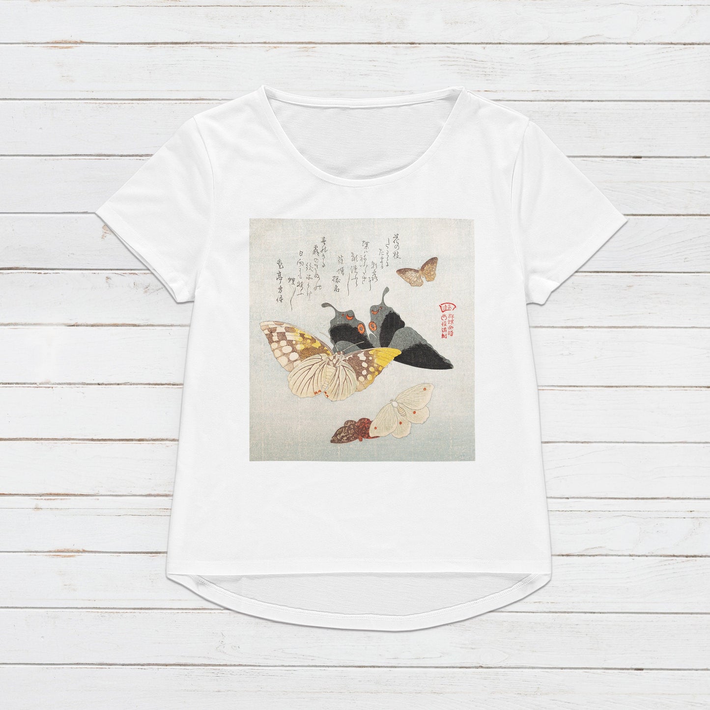 Japanese Ukiyo-e T Shirt Woodblock Art Flowers Butterflies Butterfly Japan Traditional Kanji Calligraphy Womens Mens Graphic Printed Tee Top