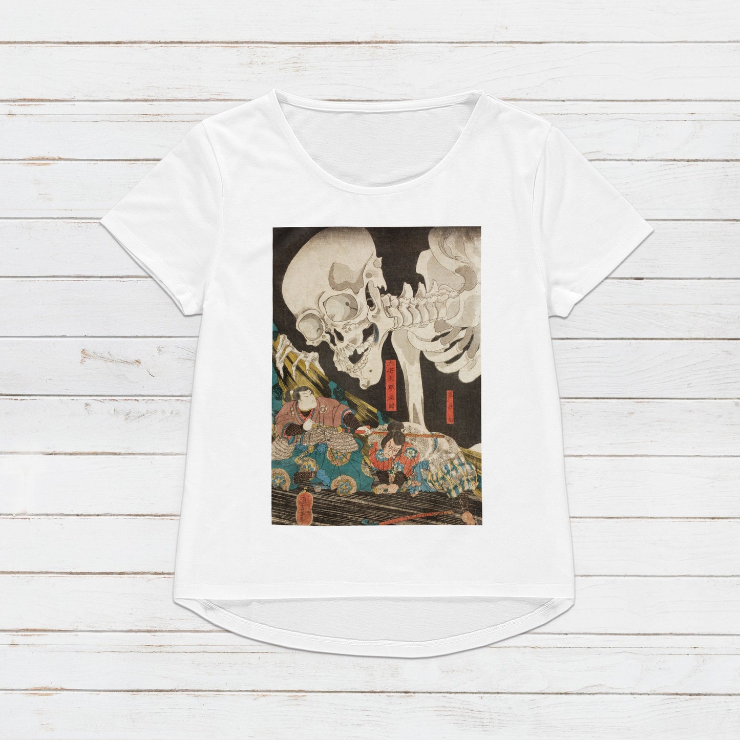 Japanese Ukiyo-e T Shirt Woodblock Art Utagawa Kuniyoshi Mitsukuni and the Skeleton Specter Japan Kanji Calligraphy Womens Mens Printed Tee