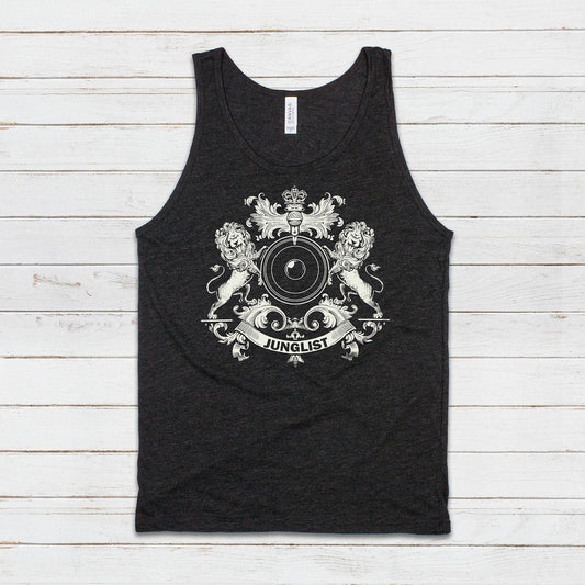 Junglist Coat Of Arms Tank Top Jungle Crest Lion Heraldry Drum and Bass DJ & Synth Music Producer Festival Mens Womens Printed Cami Vest Tee