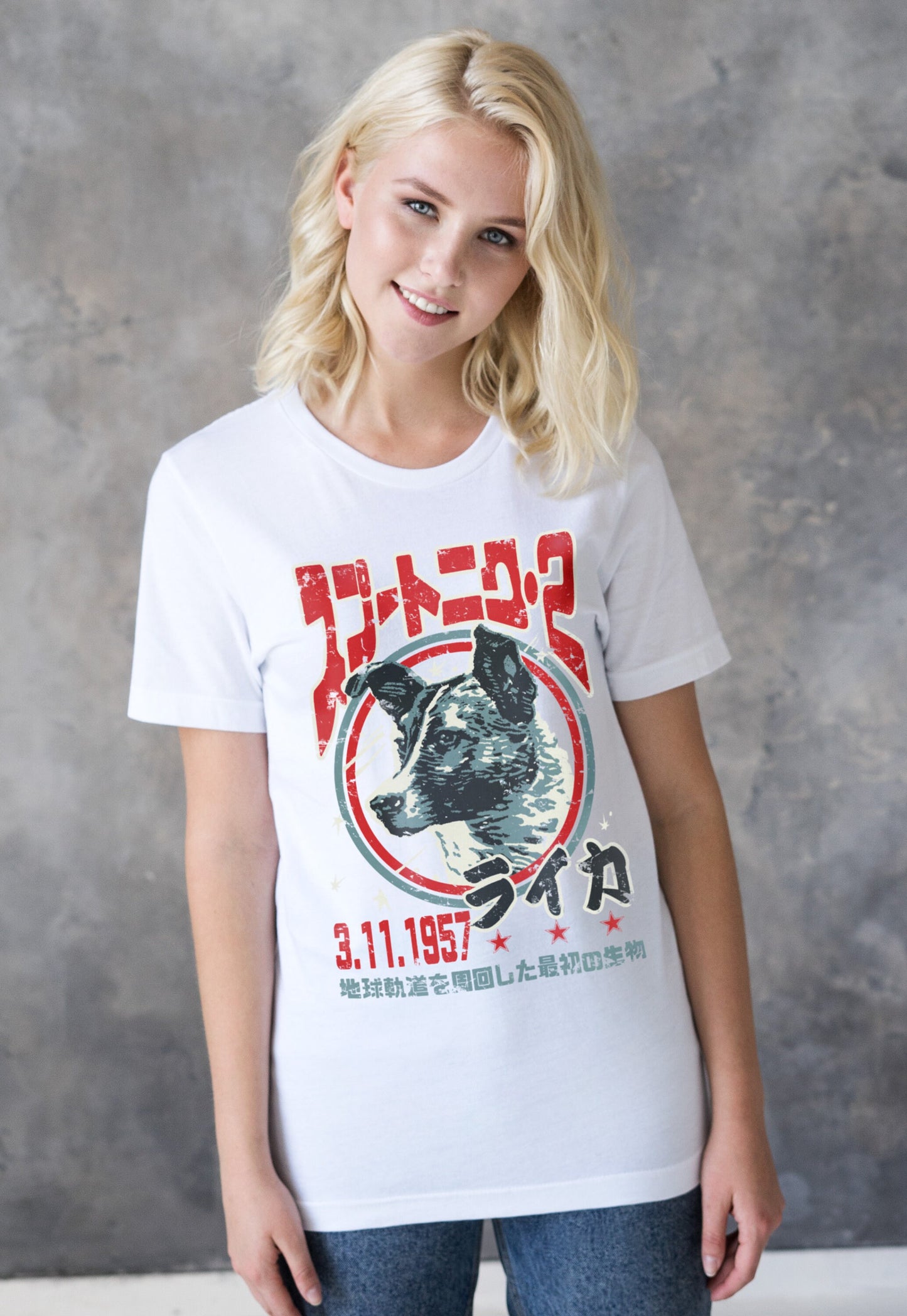 Laika The Space Dog T Shirt Japanese Soviet Retro Science Fiction Sci-Fi Mars Moon Geek Astronomy Cosmology Men's Women's Screen Printed Tee