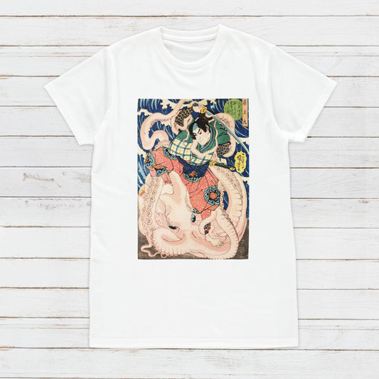 Japanese Ukiyo-e T Shirt Woodblock Art Utagawa Kuniyoshi Samurai Octopus Japan Traditional Kanji Calligraphy Womens Mens Graphic Printed Tee