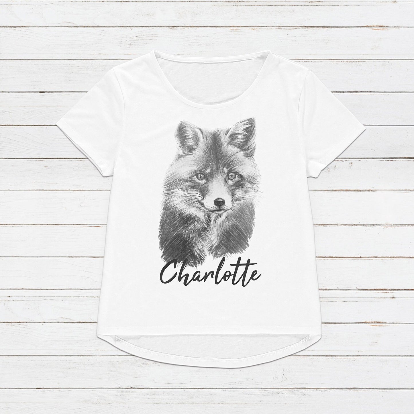 Custom Name Fox T Shirt Personalised Your Message Artist Pencil Sketch Drawing Cub Vegan Animal Cute Forest Nature Men's Women's Printed Tee