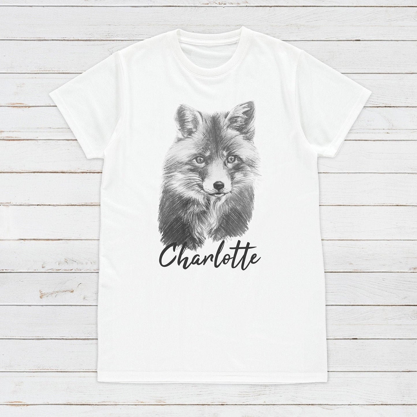 Custom Name Fox T Shirt Personalised Your Message Artist Pencil Sketch Drawing Cub Vegan Animal Cute Forest Nature Men's Women's Printed Tee