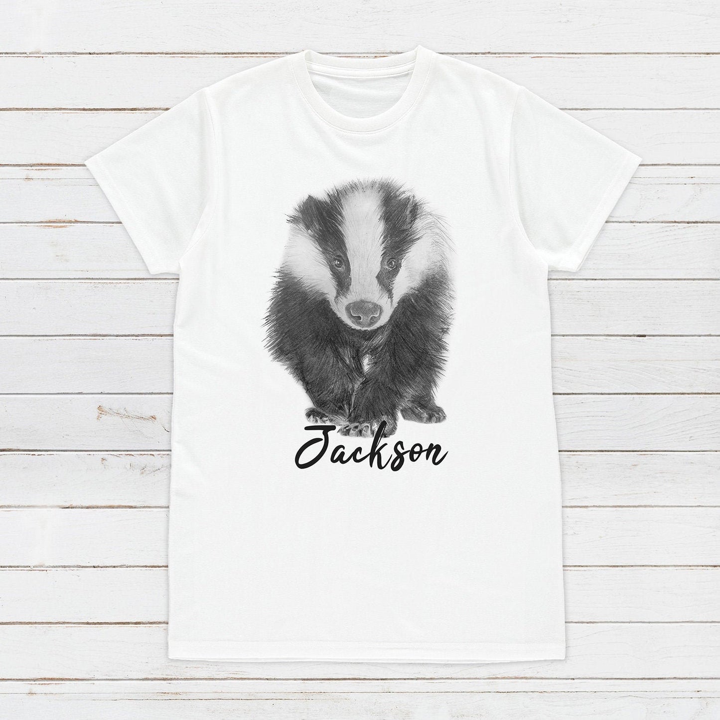 Custom Name Badger T Shirt Personalised Your Message Artist Pencil Sketch Drawing Vegan Animal Cute Forest Nature Men's Women's Printed Tee