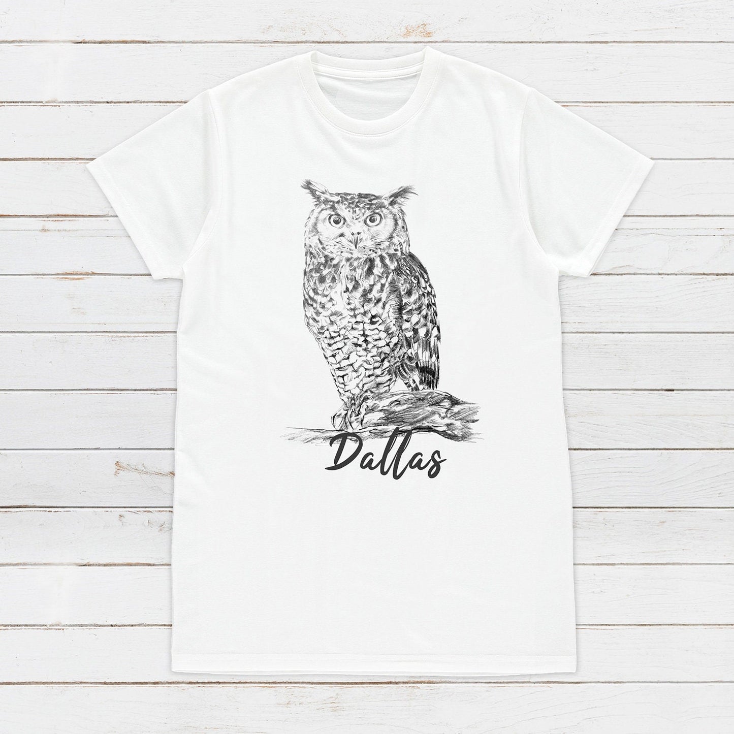 Custom Name Owl T Shirt Personalized Your Text Artist Pencil Sketch Drawing Art Bird Vegan Animal Cute Pretty Nature Mens Womens Printed Tee