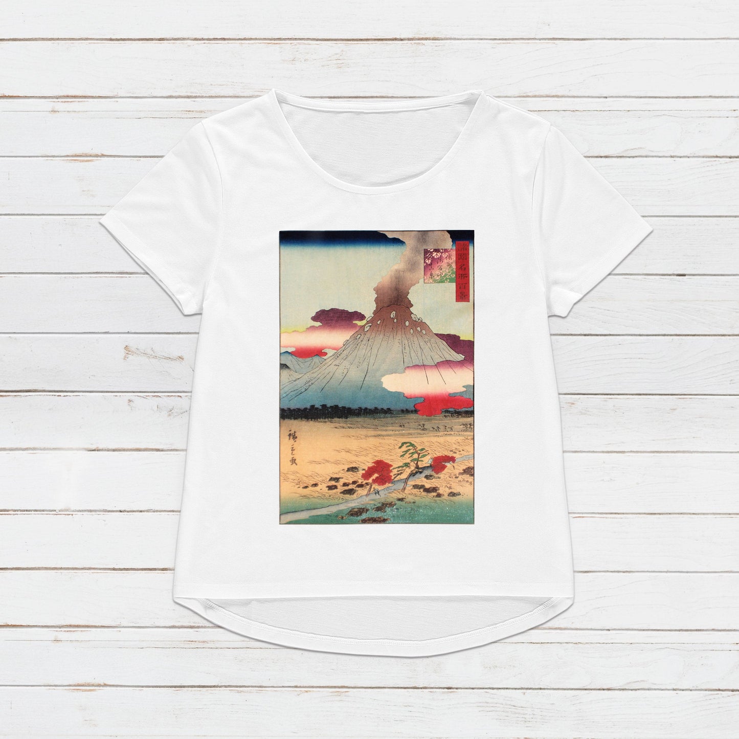 Japanese Ukiyo-e T Shirt Woodblock Art Hiroshige II 2 Mountain Asama Japan Traditional Kanji Calligraphy Womens Mens Graphic Printed Tee
