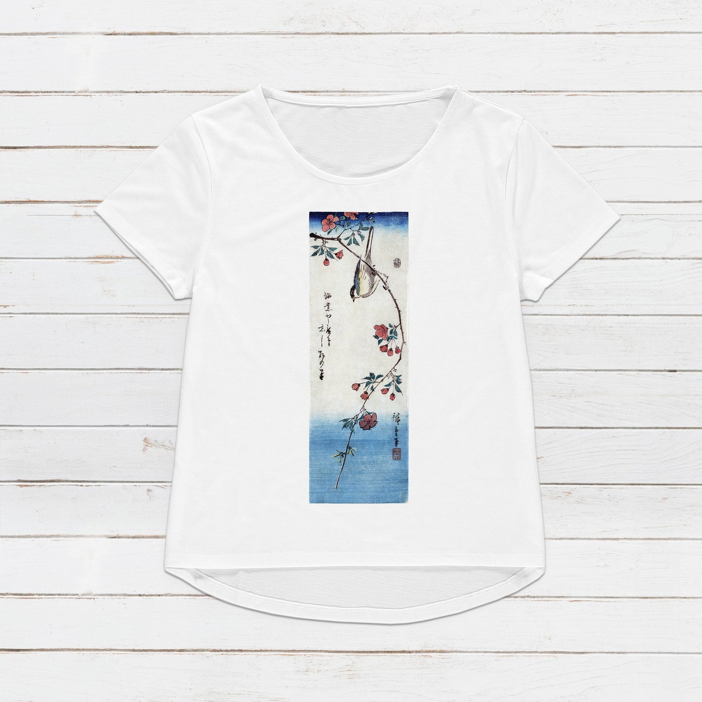 Japanese Ukiyo-e T Shirt Woodblock Art Hiroshige Flowers Bird Sakura Japan Traditional Kanji Calligraphy Womens Mens Graphic Printed Tee