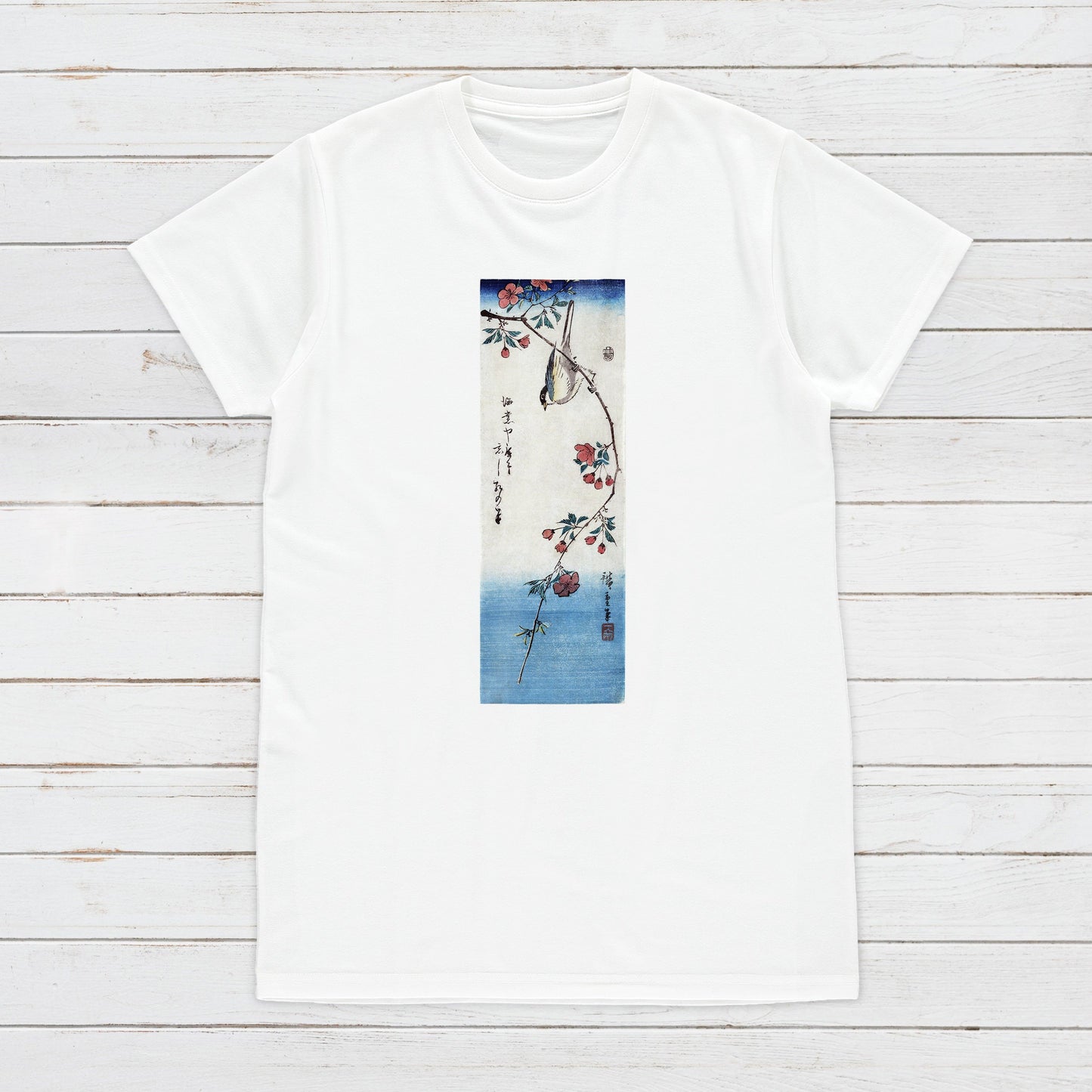 Japanese Ukiyo-e T Shirt Woodblock Art Hiroshige Flowers Bird Sakura Japan Traditional Kanji Calligraphy Womens Mens Graphic Printed Tee