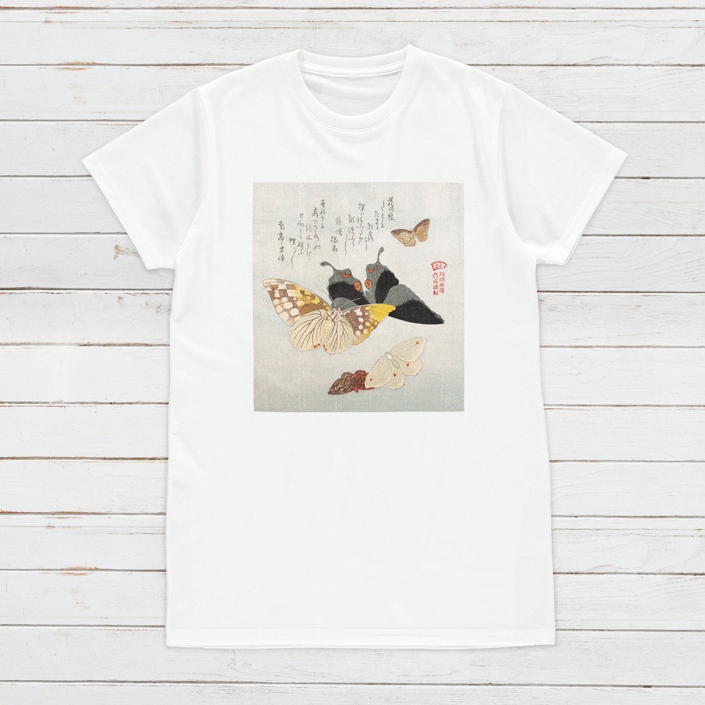 Japanese Ukiyo-e T Shirt Woodblock Art Flowers Butterflies Butterfly Japan Traditional Kanji Calligraphy Womens Mens Graphic Printed Tee Top