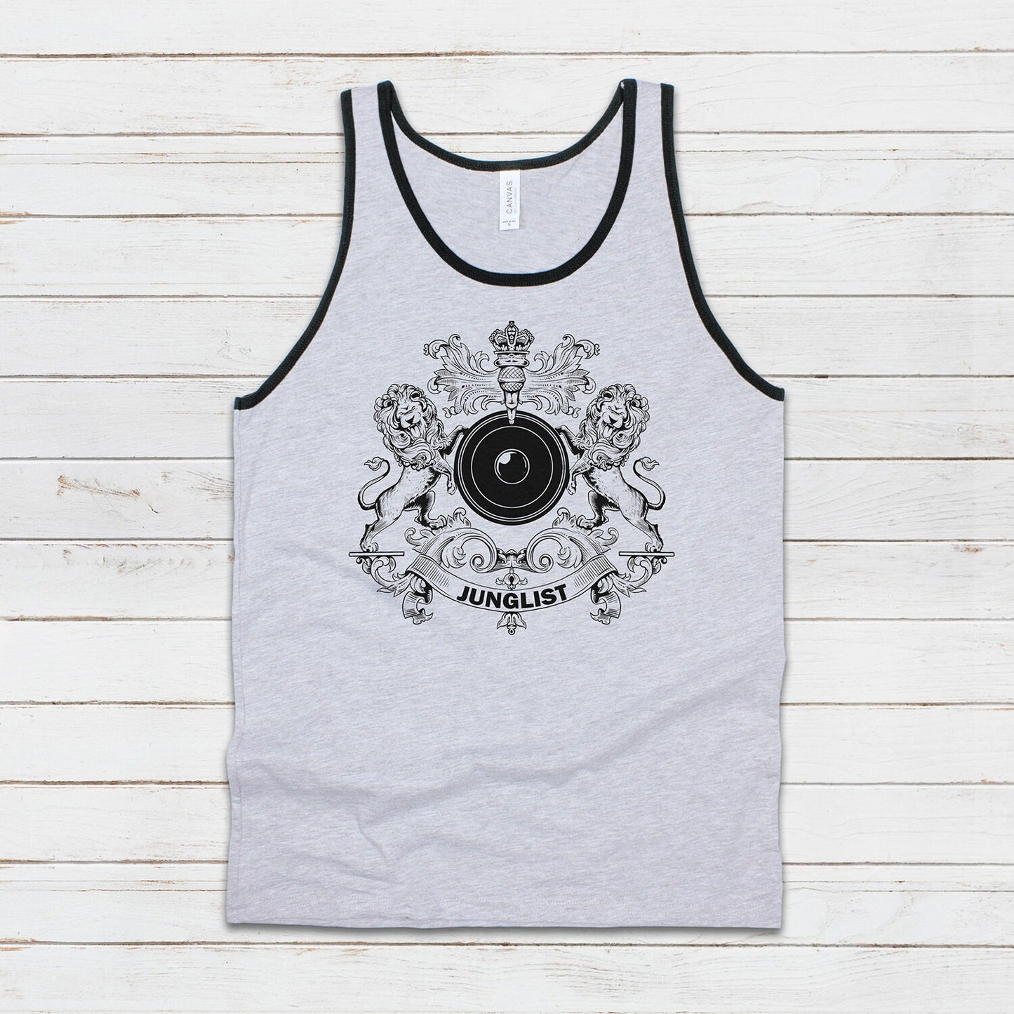 Junglist Coat Of Arms Tank Top Jungle Crest Lion Heraldry Drum and Bass DJ & Synth Music Producer Festival Mens Womens Printed Cami Vest Tee