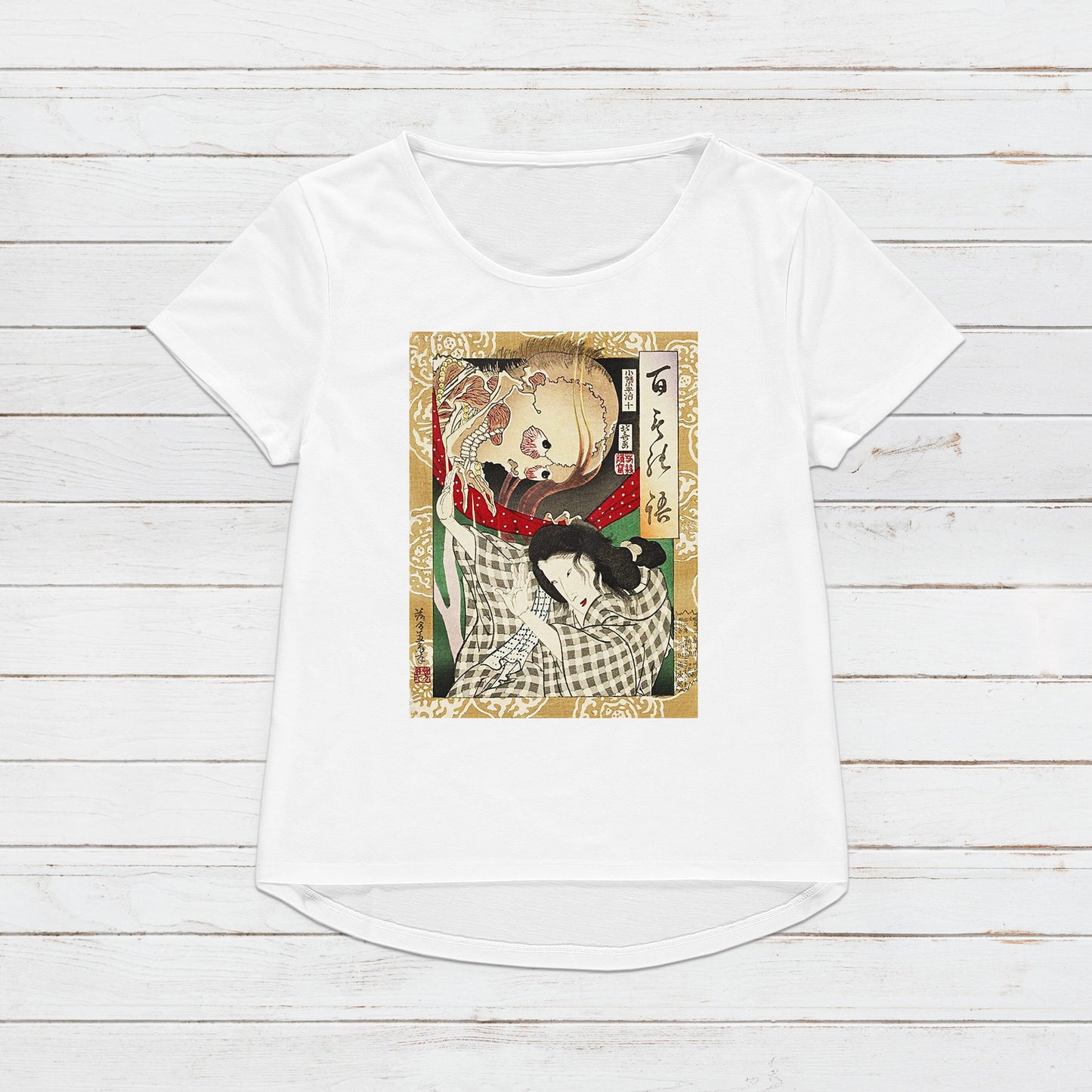 Japanese Ukiyo-e T Shirt Woodblock Art Utagawa Yoshiiku Skeleton Skull Yokai Ghost Monster Horror Japan Calligraphy Womens Mens Printed Tee