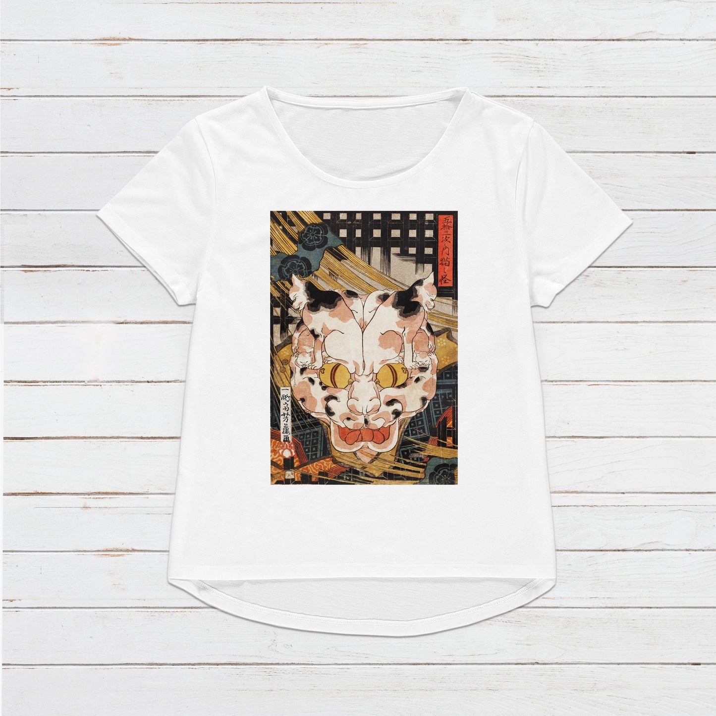 Japanese Ukiyo-e T Shirt Woodblock Art Utagawa Yoshifuji Mystery Cat Monster Ghost Yokai Horror Japan Calligraphy Womens Mens Printed Tee