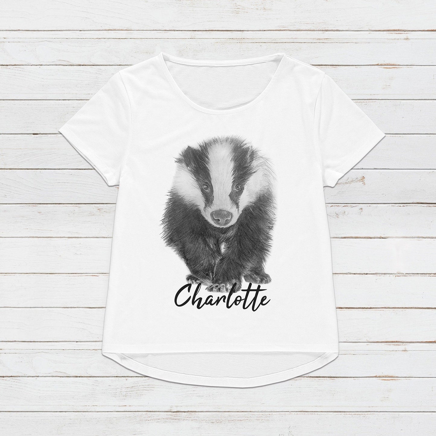 Custom Name Badger T Shirt Personalised Your Message Artist Pencil Sketch Drawing Vegan Animal Cute Forest Nature Men's Women's Printed Tee