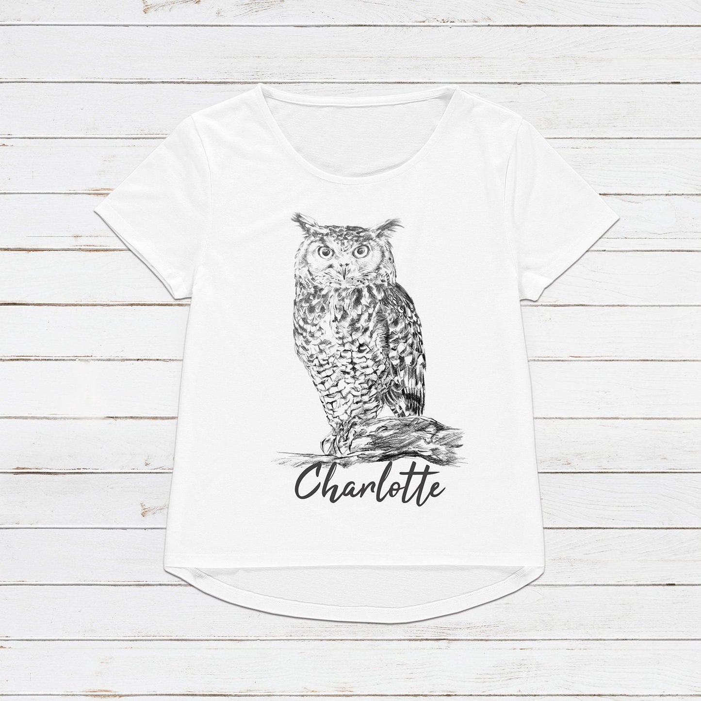 Custom Name Owl T Shirt Personalized Your Text Artist Pencil Sketch Drawing Art Bird Vegan Animal Cute Pretty Nature Mens Womens Printed Tee