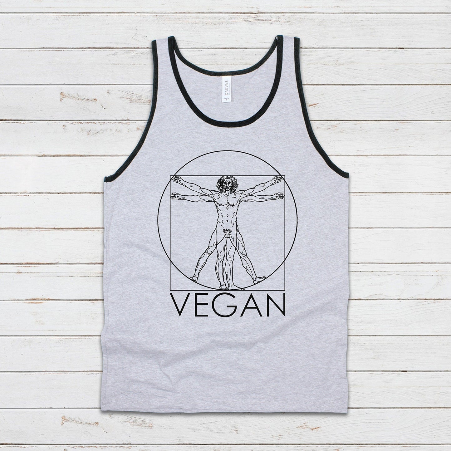 Vegan Tank Top Subtle Understated Da Vinci Vitruvian Man Sketch Drawing Art Geometric AF ALF Animal Rights Mens Womens Printed Vest Cami Tee