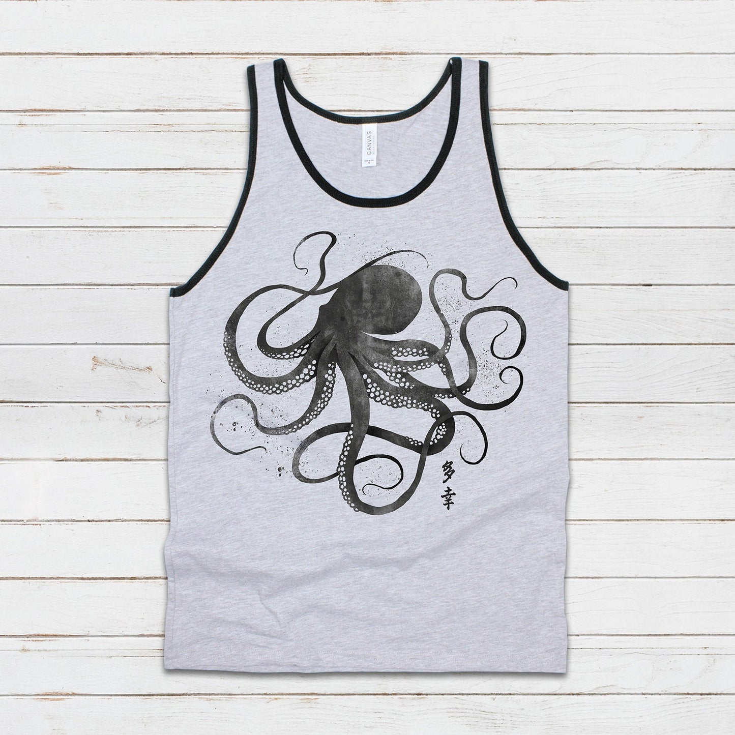 Octopus Japanese Calligraphy Tank Top Gyotaku Traditional Ukiyo-e Japan Kanji Anime Manga Kyoto Kawaii Womens Mens Printed Vest Cami Tee