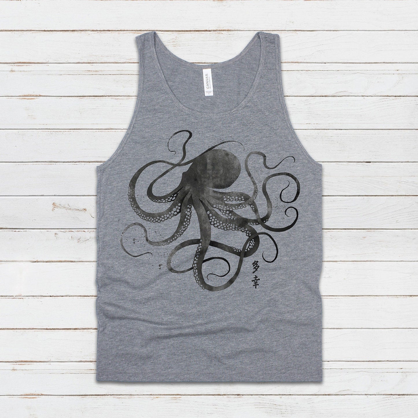 Octopus Japanese Calligraphy Tank Top Gyotaku Traditional Ukiyo-e Japan Kanji Anime Manga Kyoto Kawaii Womens Mens Printed Vest Cami Tee