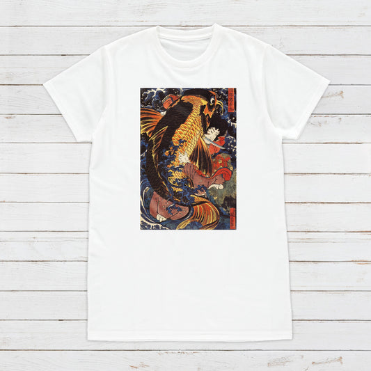 Japanese Ukiyo-e T Shirt Woodblock Art Utagawa Kuniyoshi Monster Koi Carp Samurai Monk Warrior Japan Calligraphy Womens Mens Printed Tee Top