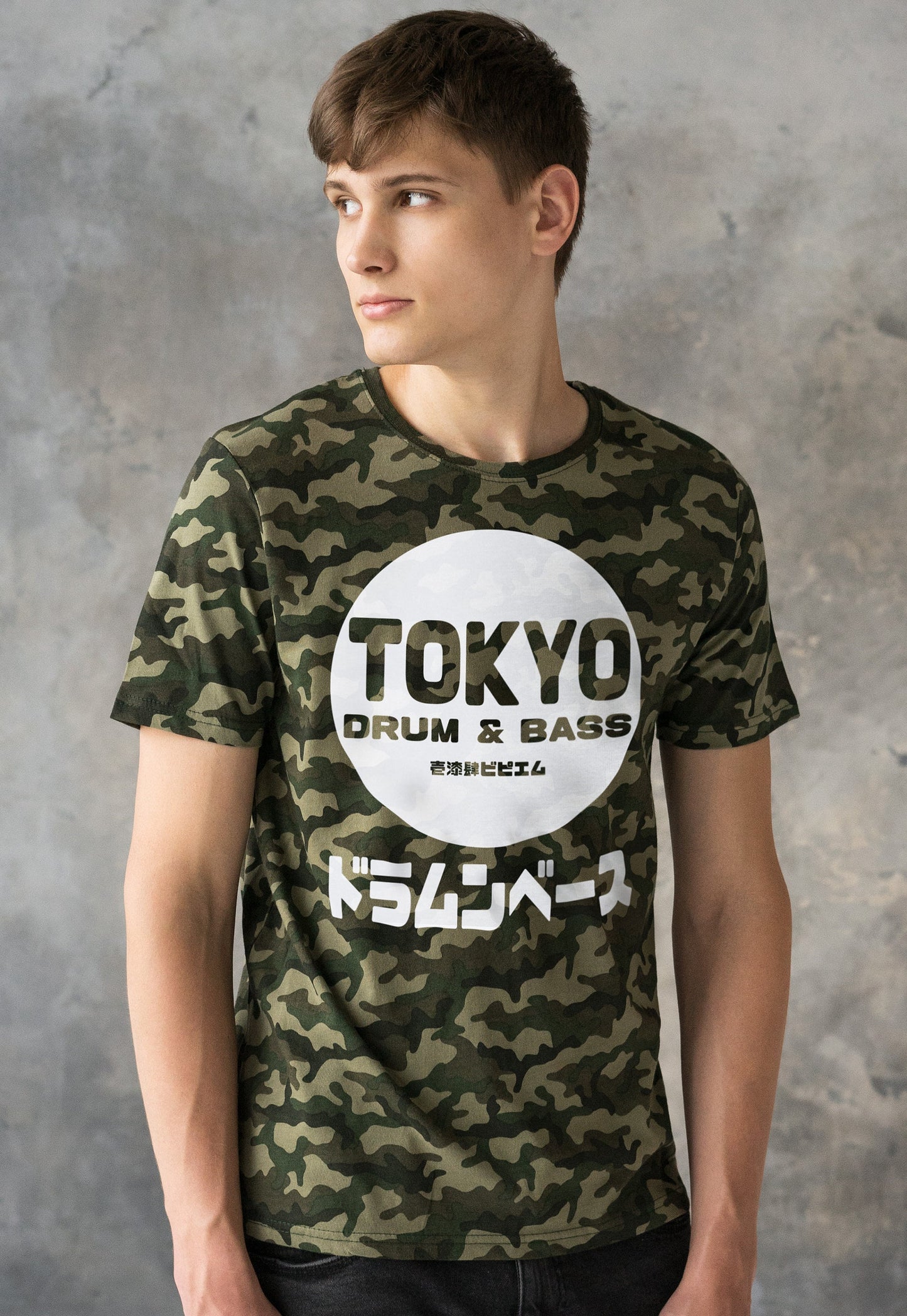 Tokyo Drum & Bass Camo T Shirt Japanese Writing 174 BPM Japan Junglist Synthesizer Synth Graphic Camouflage Mens Womens Graphic Printed Tee